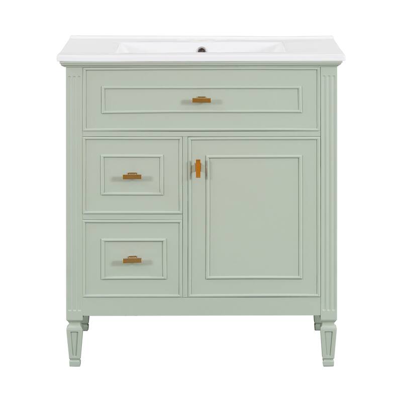 Roomfitters 30" Bathroom Vanity with Ceramic Sink, Solid Wood Frame with Flip Drawer, 2 Side Drawers & Adjustable Shelf