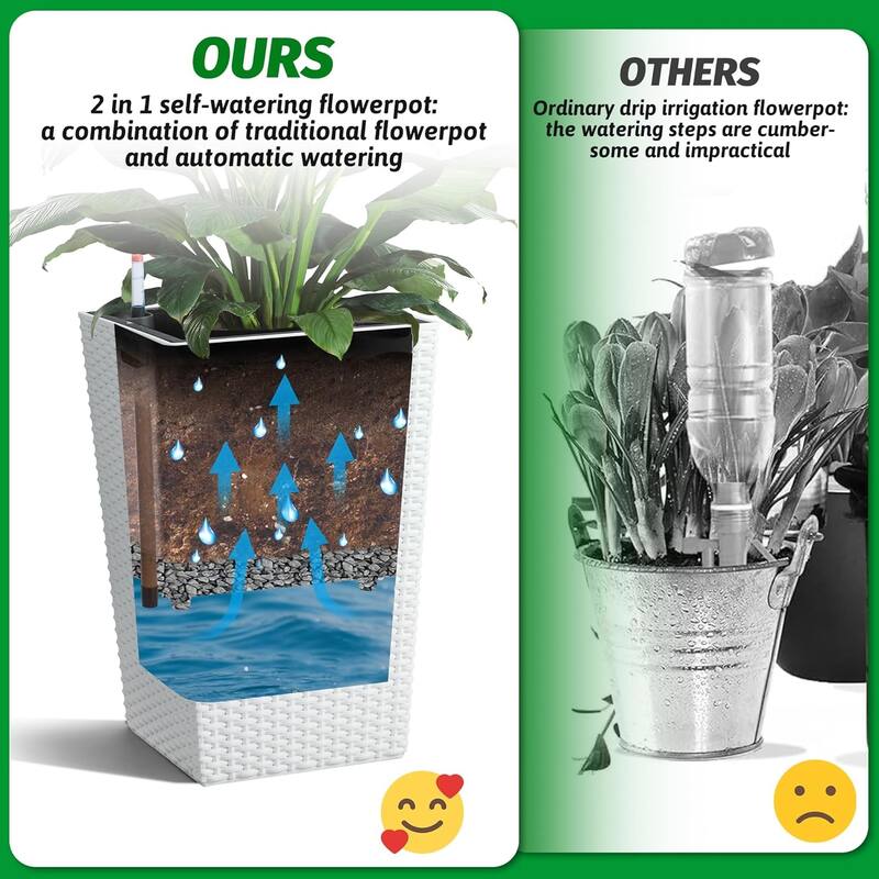 Planters Set of 2, Outdoor＆Indoor Planter Pots, Automatic Watering,High Front Porch Planter Pots