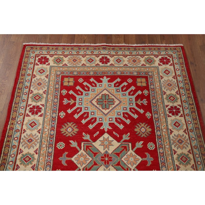 Kazak Accent Rug Handmade Geometric Red Wool Carpet - 3'5" x 4'11"