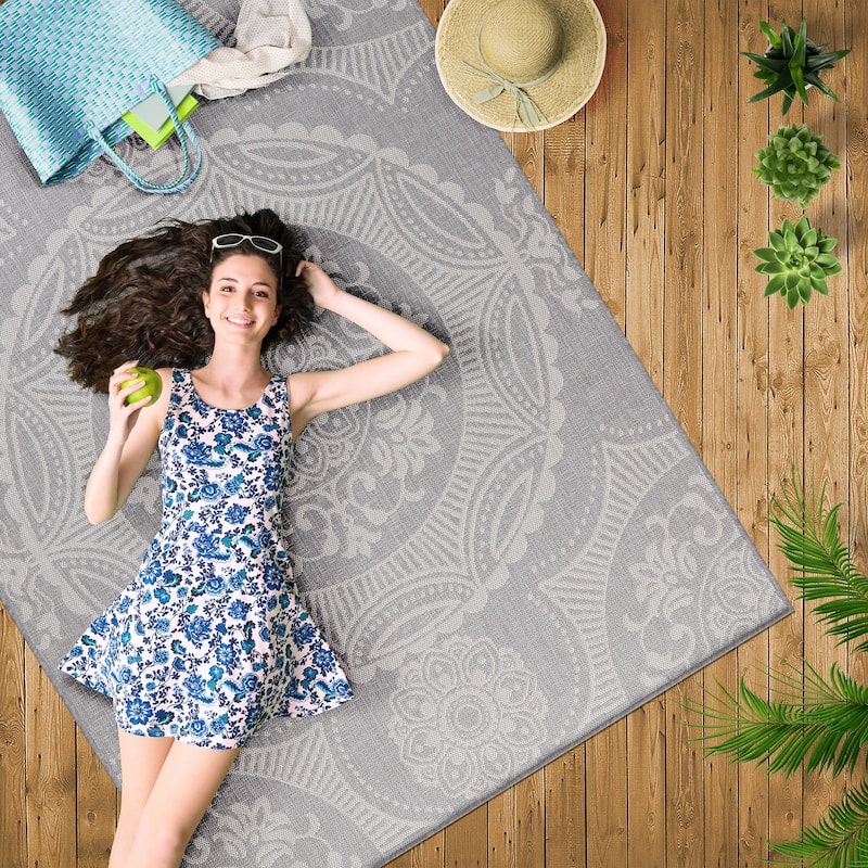 Beverly Rug Grey Medallion Indoor Outdoor Rug, Outside Carpet for Patio, Deck, Porch
