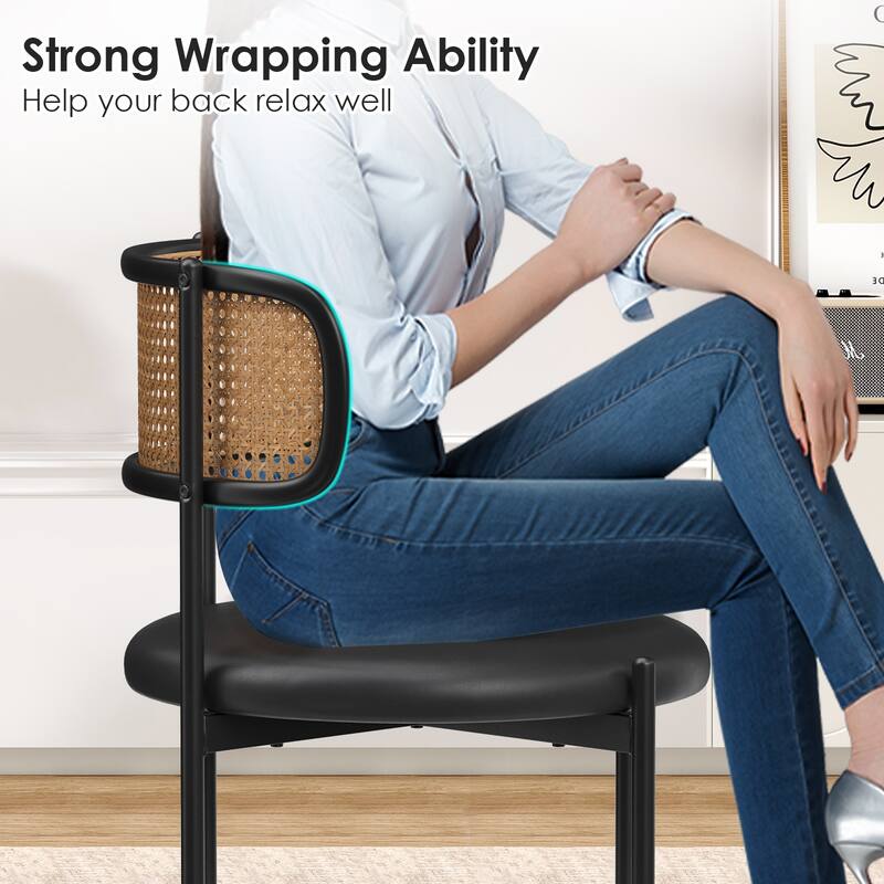 Dining Chairs Set of 4, PU Leather Upholstered Seat with Woven Rattan Back, Sturdy Metal Legs Modern Side Chairs