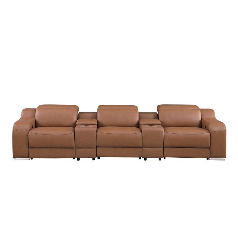 HomeRoots 129" Chestnut Italian Leather Reclining USB Sofa