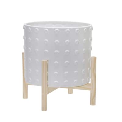 White Ceramic Dot Pattern Planter Pot with Wood Stand - 10.0" x 10.0" x 12.0"