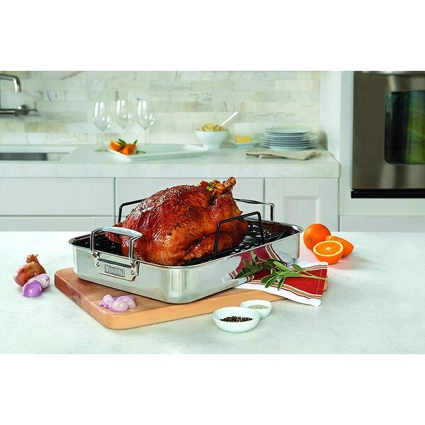 16 Inch x 13 Inch Silver Viking Culinary 4013-5016 3-Ply Stainless Steel Roasting Pan with Nonstick Rack 