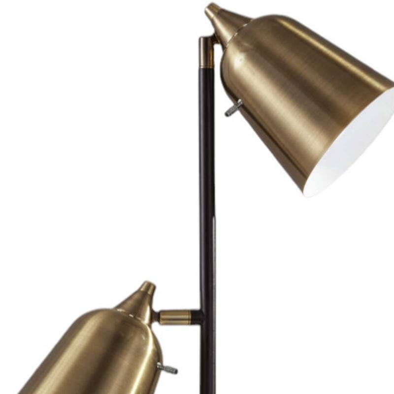 Black Metal Two Light Task Floor Lamp with Antiqued Brass Cone Shades Push Switch - 15” x 16” x 57.5” (D x W x H0
