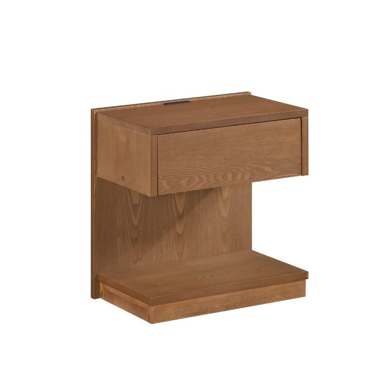 C Shaped End Table, 1 Drawer USB Port, 18 Inch, Wire Brush Brown Wood
