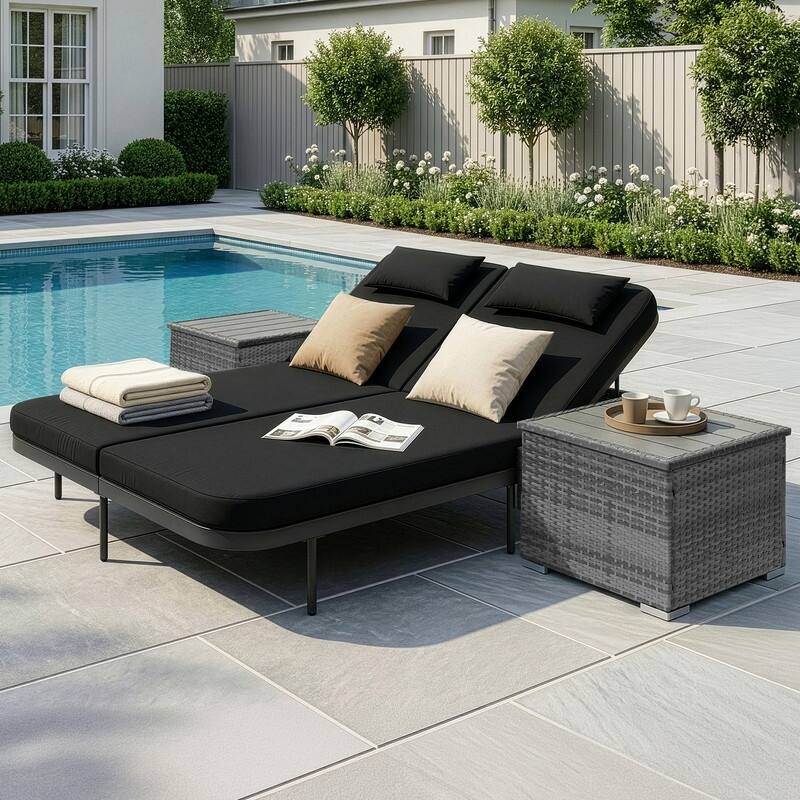 2-Person Outdoor Double Chaise Lounge with 2 Side Tables, Wicker Patio Reclining Daybed, Adjustable Backrests, 800 lb Capacity