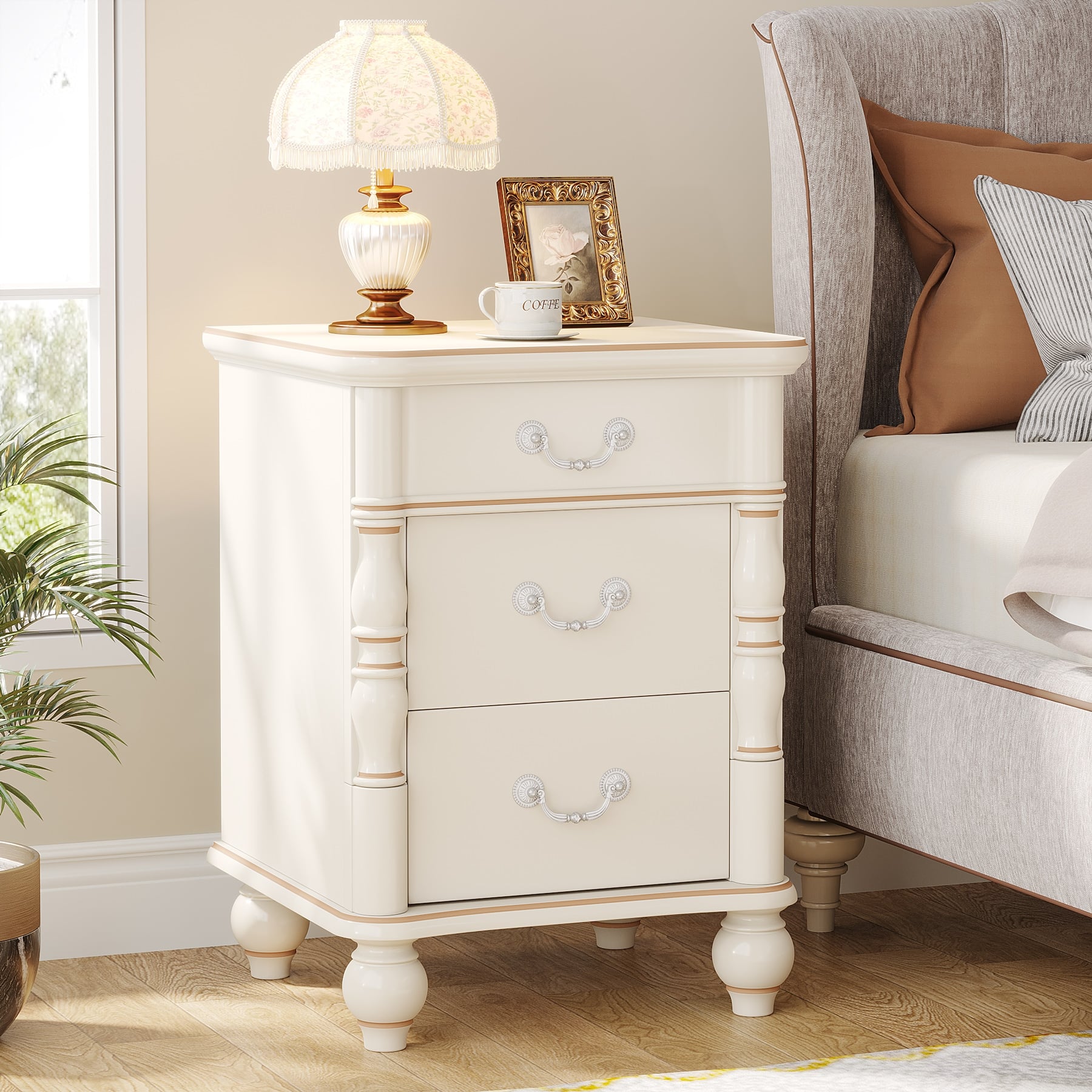 Modern 3-Drawer Nightstand, Sofa Side Table with Solid Wood Legs - On ...