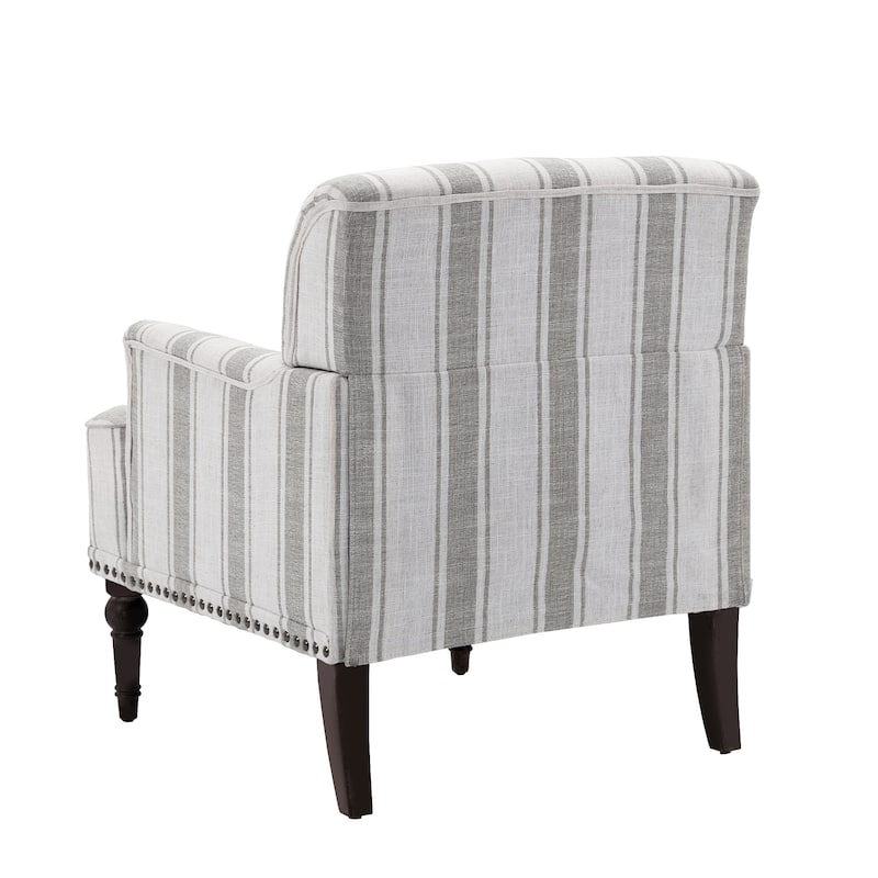 Set 2 Striped Upholstered Linen Armchair with Brass Nailhead Trim