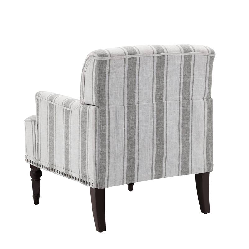 Striped Upholstered Linen Armchair with Brass Nailhead Trim
