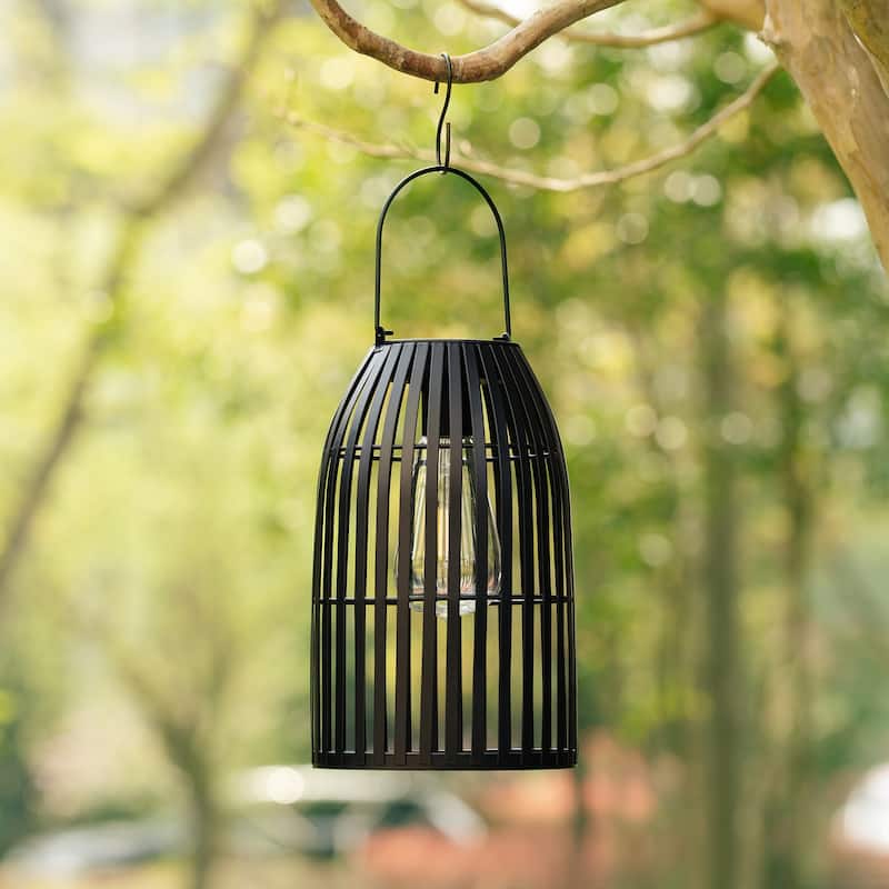 Glitzhome Set of 2 9.75"H Black Striped Outdoor Solar Hanging Lantern