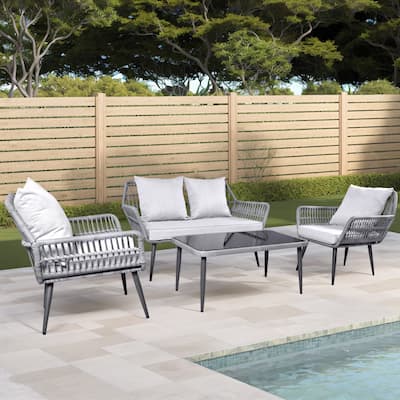 4 Piece Outdoor Patio Furniture Sets, Wicker Conversation Set for Porch Deck, Gray Rattan Sofa Chair with Cushion&Table