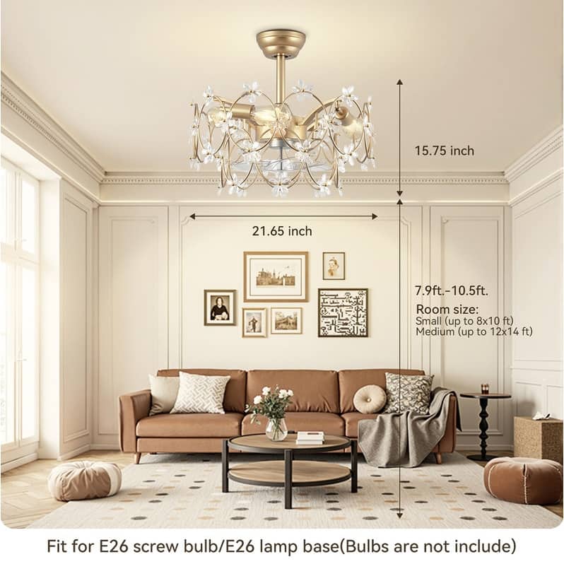 21 in. Indoor Golden Flower Crystal Ceiling Fan with Light, Ceiling Fans with Light and Remote, Flower Fandelier for Bedroom