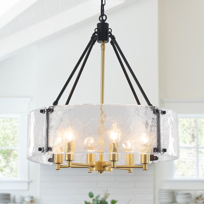 6 - Light 19.68'' Dimmable Modern Drum Candle Chandelier With Glass Shade - 19.68 in - Black/Gold