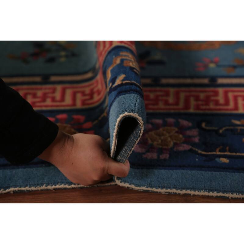 Vegetable Dye Blue Art Deco Chinese Vintage Handmade Wool Carpet - 6'5" x 9'7"