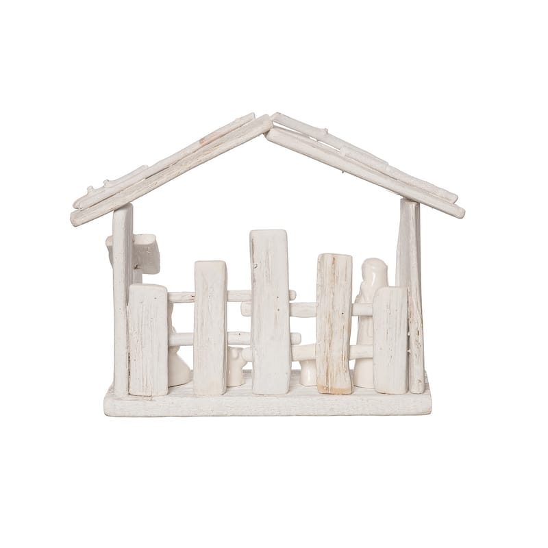 Transpac Wood 12 in. White Christmas Minimalist Nativity Scene