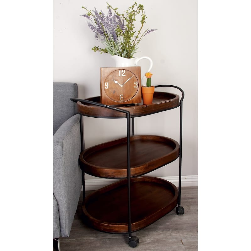 Wood Rolling Oval 3 Shelf Bar Cart with Black Metal Frame - Brown - Roche River Decor - 16"W x 25"L x 30"H