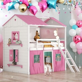 Full over Full Wood Bunk Bed With Elegant Windows,Sills and Tent for Bedroom