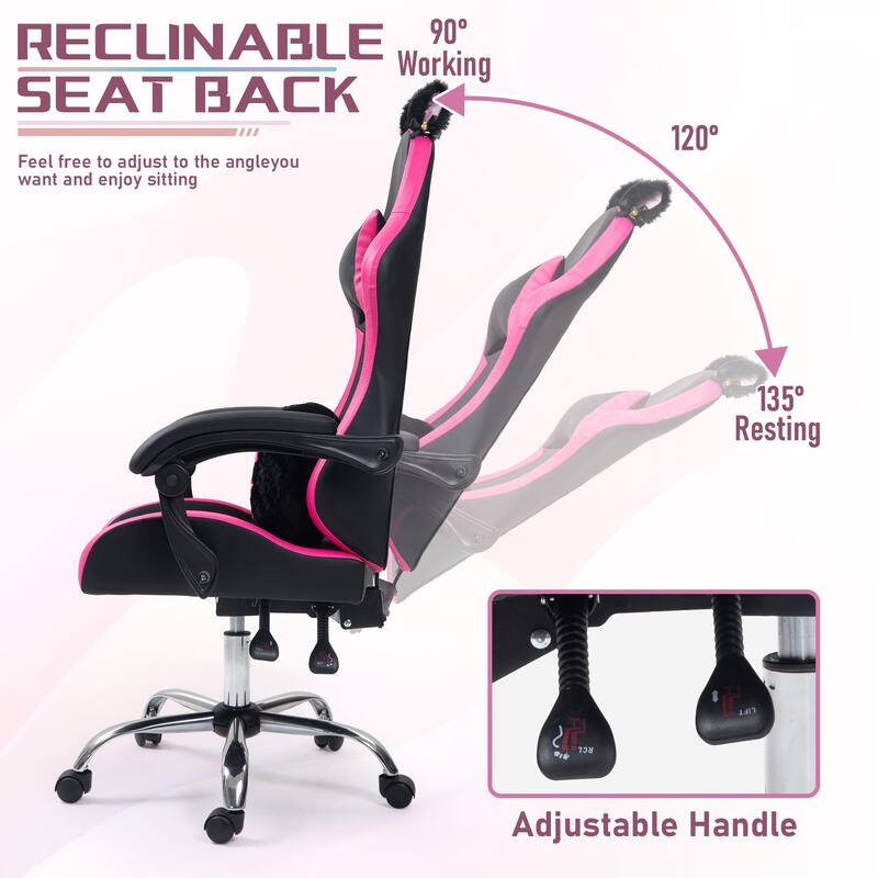 Cute Gaming Chair with Cat Paw Lumbar Cushion and Cat Ears, Ergonomic Computer Chair,Reclining PC Game Chair