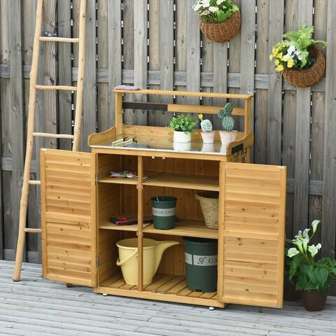 Outsunny Backyard Garden Tool Storage Shed, Sheds & Outdoor Storage & Potting Bench with 2 Magnetic Close Doors
