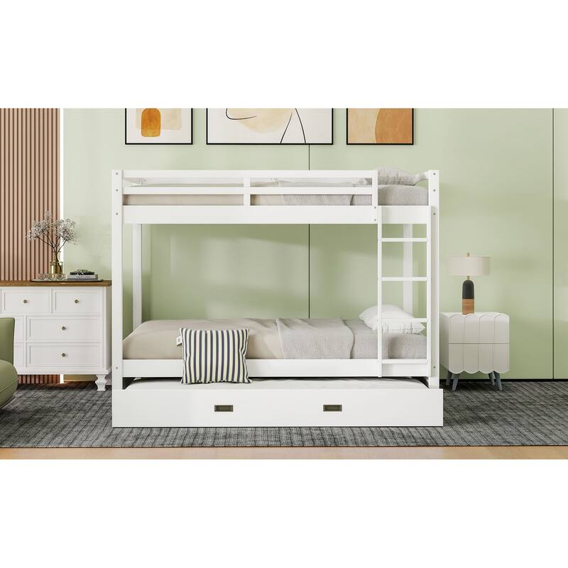 GDFStudio - Solid Wood Queen Bunk Bed with Ladder and Pull-Out Trundle