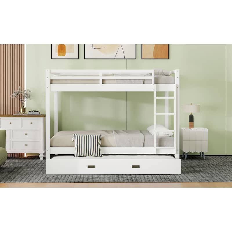 Wood Queen Size Bunk Bed with Ladder and Trundle, White