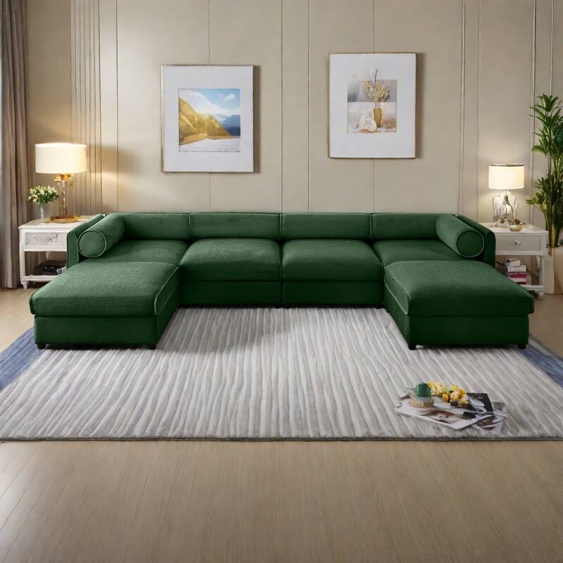 142.5" Extra Large U-Shaped Chenille Sectional Sofa with Storage Ottoman and Cylindrical Backrest(4-Seater Modular Design) - Green