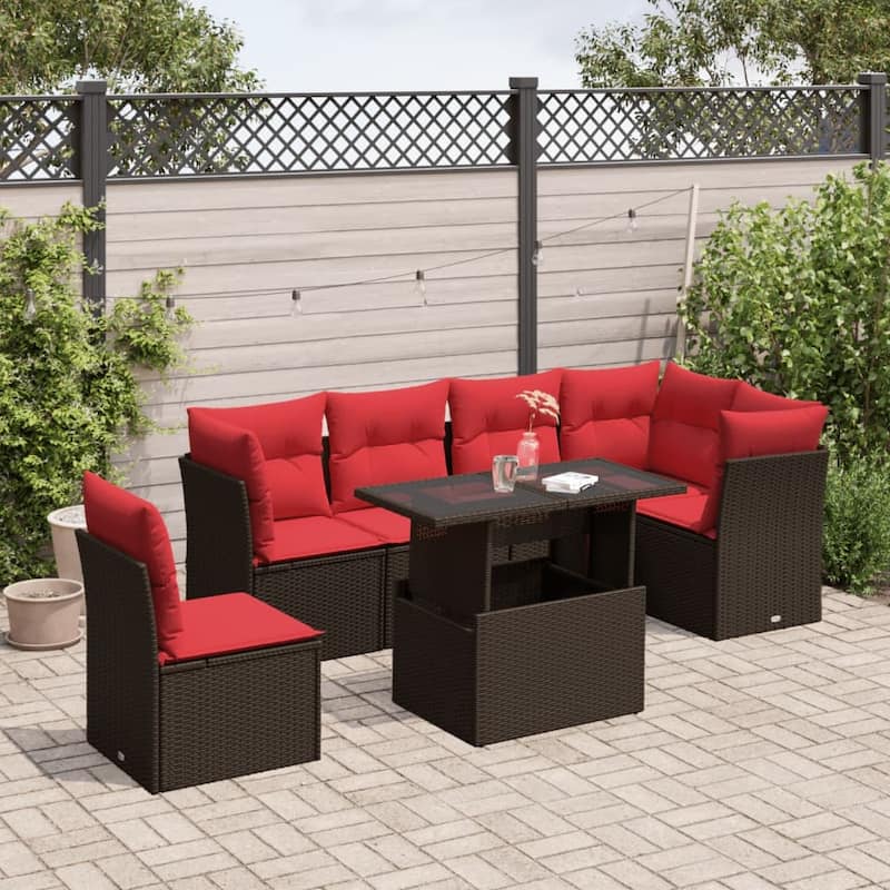 vidaXL Patio Sofa Set with Cushions Modular Outdoor Seating 7 Piece Poly Rattan - 24.4 x 24.4 x 27.2 - Brown