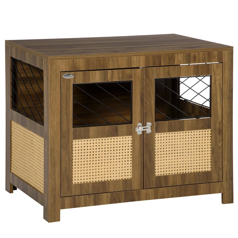 PawHut Dog Crate Furniture with Soft Cushion, Dog Crate End Table with Rattan Decoration - Steel - Assembly Required - brown