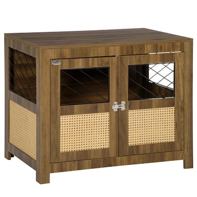 PawHut Dog Crate Furniture with Soft Cushion, Dog Crate End Table with Rattan Decoration