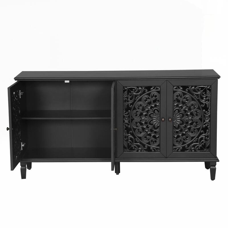 Carved Flower Door Large Storage Cabinet With Metal Handle