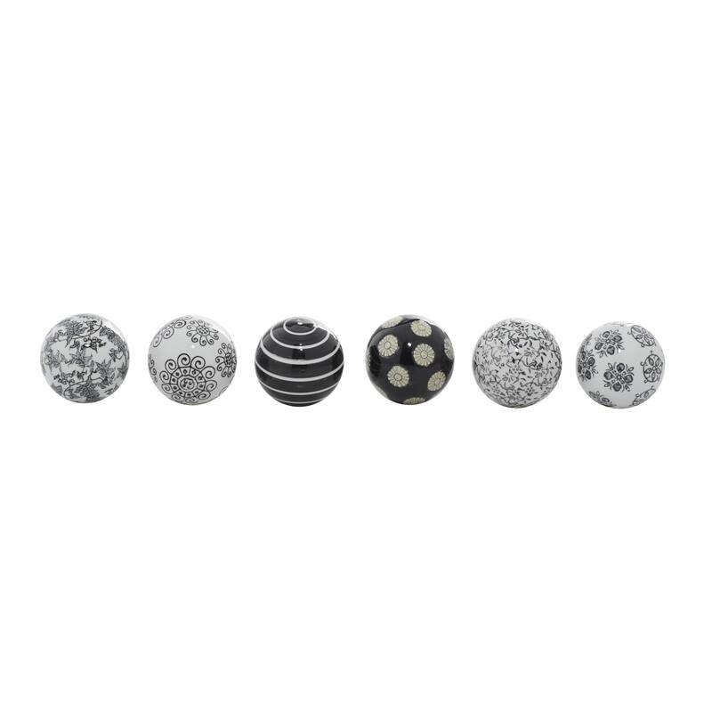 Ceramic Floral Handmade Glossy Decorative Orbs & Vase Filler with Varying Patterns - Set of 6 Black or Blue - Roche River Decor