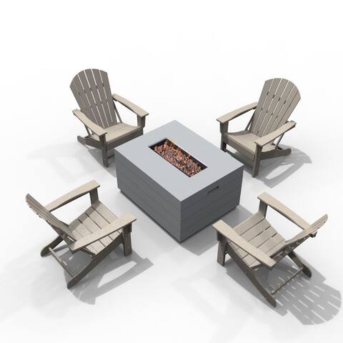 Patio Light Gray Stainless Steel Fire Pit Table with Rain Cover and Adirondack 6-back Chair