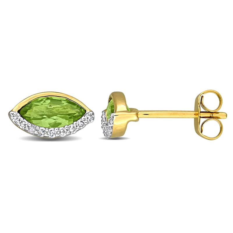 Miadora 1 1/8ct TGW Peridot and 1/10ct TW Diamond Stud Earrings in 14k Yellow Gold