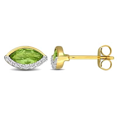 Miadora 1 1/8ct TGW Peridot and 1/10ct TW Diamond Stud Earrings in 14k Yellow Gold