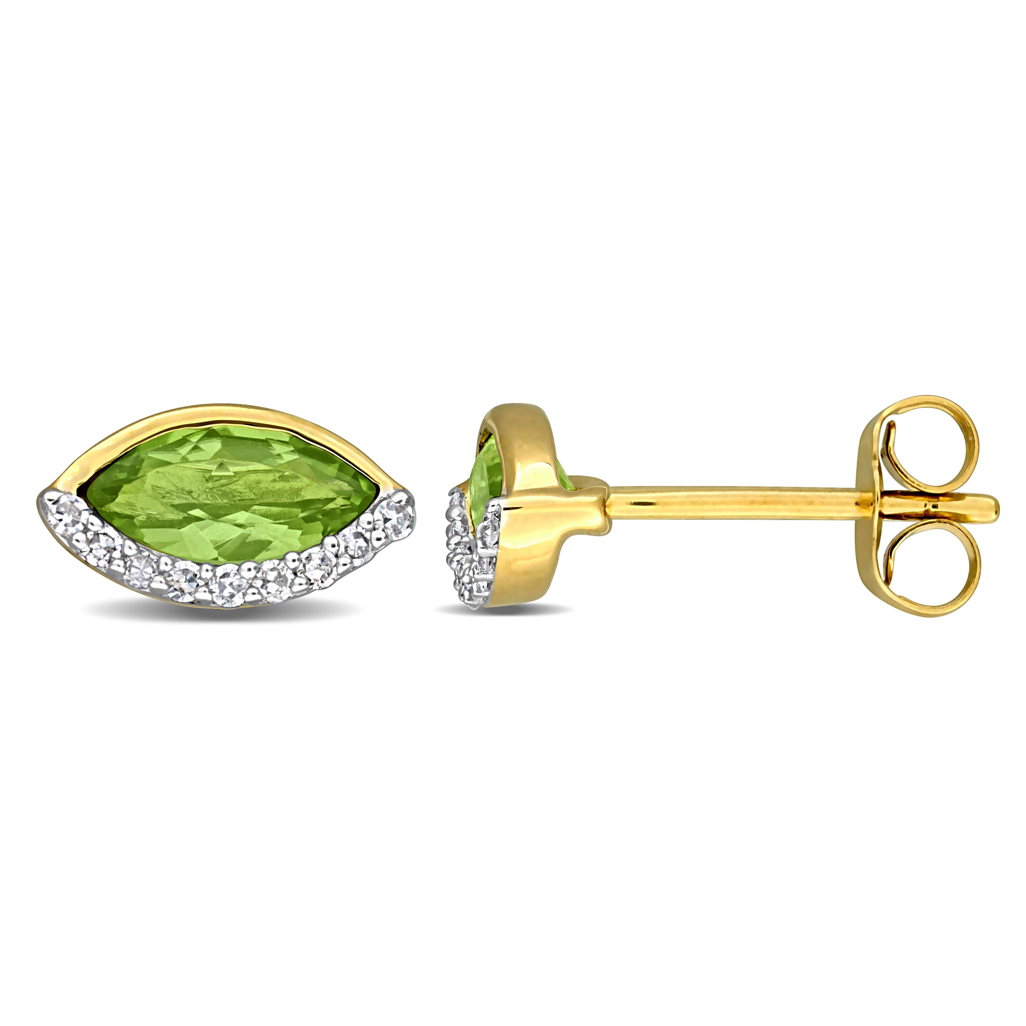 Miadora 1 1/8ct TGW Peridot and 1/10ct TW Diamond Stud Earrings in 14k Yellow Gold