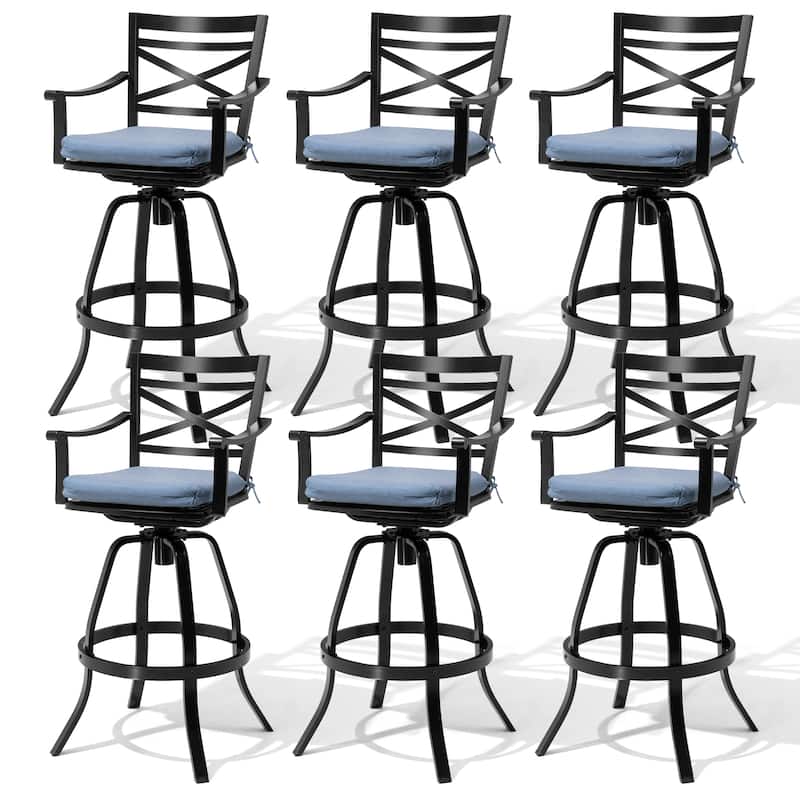 Pellebant Patio Outdoor Aluminum Swivel Bar Stools with Sunbrella Cushion - 21.7 in W x 16.5 in D x 46 in H - SpectrumDenim-6PC