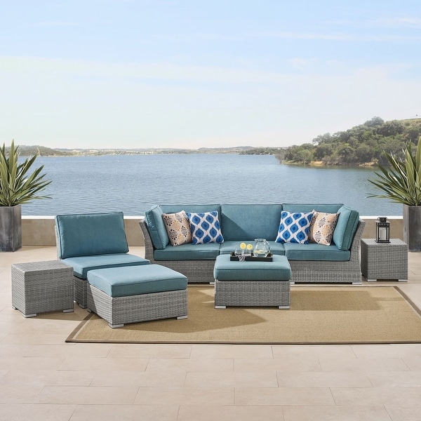 Shop Corvus 8 Piece Grey Wicker Patio Conversation Set With Blue Cushions On Sale Overstock 12653586