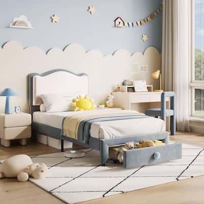 Upholstered Bed Frame for Kids with Storage Drawer and Scallop Headboard, No Box Spring Needed