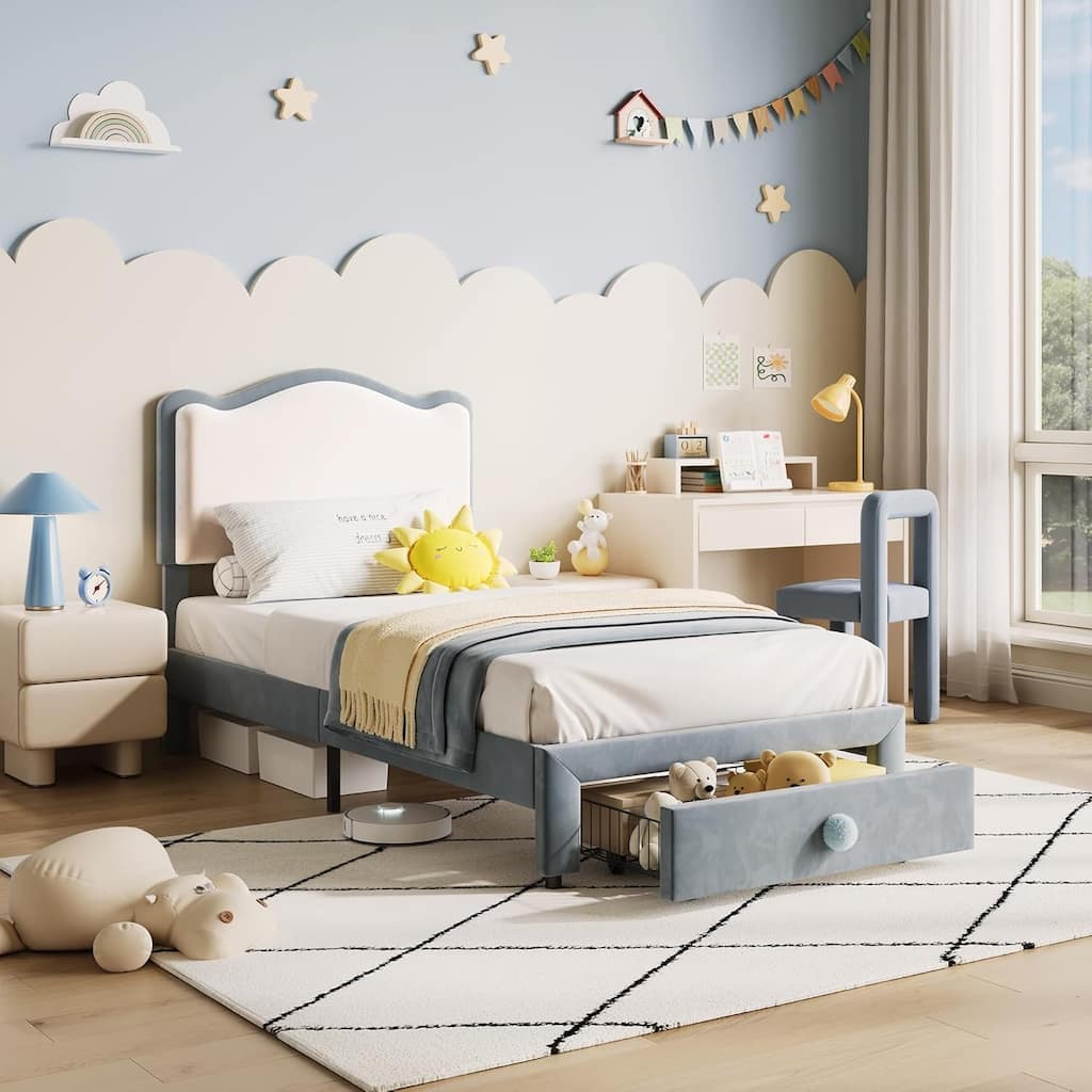 Upholstered Bed Frame for Kids with Storage Drawer and Scallop Headboard, No Box Spring Needed