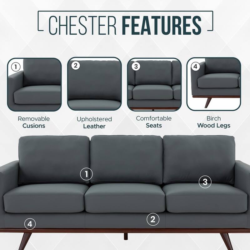 Chester 3 Seater Mid-Century Modern Leather or Mesh Sofa Couch With Birch Wood Frame Armchair for Living Room Bedroom and Office