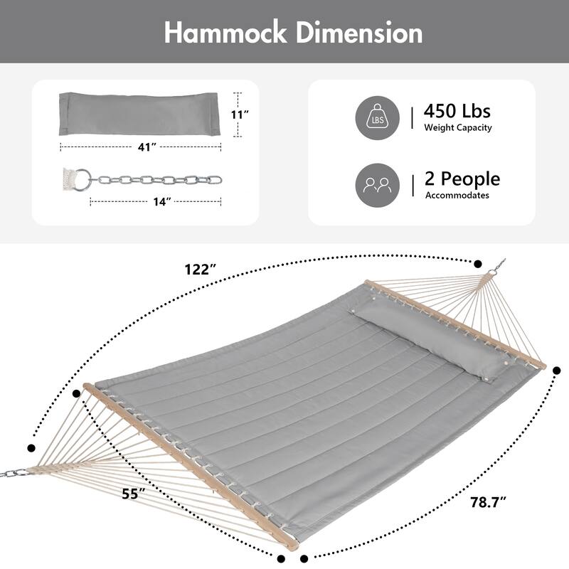 78'' Quilted 2 Person Hammock Beach Swing with Spreader Bars&Pillow - 55.1*122*1
