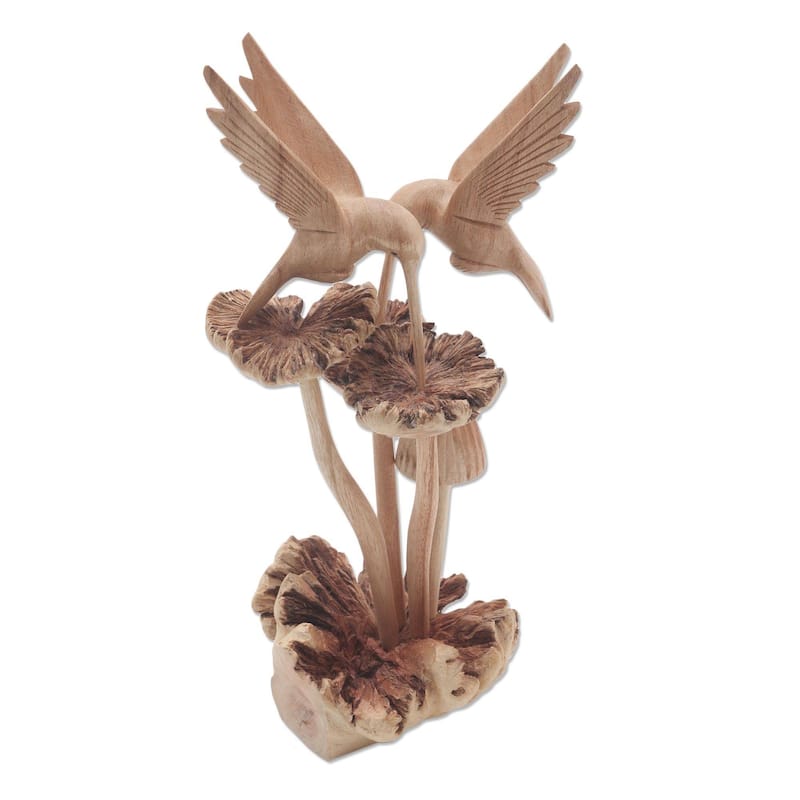 Novica Handmade Hummingbirds And Mushrooms Wood Sculpture - Brown