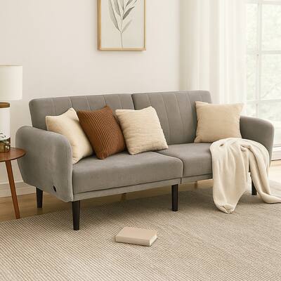 Arz Fold Out Futon Sofa Bed, Light Gray, Retro Channel Tufted Back