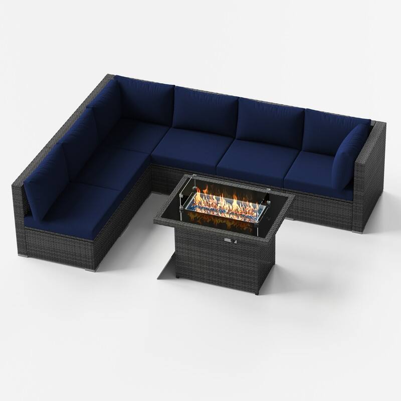 FINCATI Outdoor 7-piece High-back Wicker Patio Sectional Set with 43'' Fire Pit Table, 500 lbs Luxury Oversized Conversation Set
