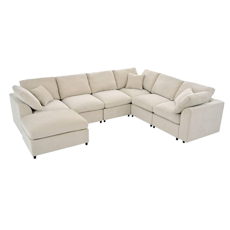 Roomfitters 124.8" 7-Seater Modular Sectional Sofa, Large Modern L-Shaped Upholstered Couch with Ottoman for Living Room, Beige