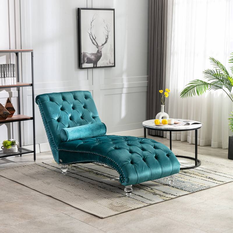 Velvet Tufted Chaise Lounge Accent Living Room Chair - Teal