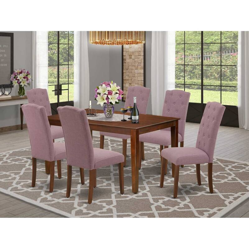 HomeStock 7-Piece Rectangle Mahogany Finish Solid Wood Top Dining Table with 6-Parson Chairs with Lattice Back