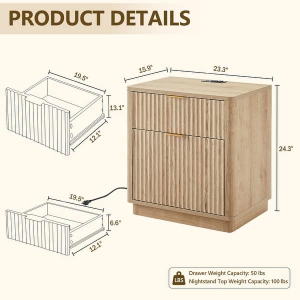 dimension image slide 1 of 7, Fluted Nightstand Set of 2 with Charging Station, 2 Drawer End Table