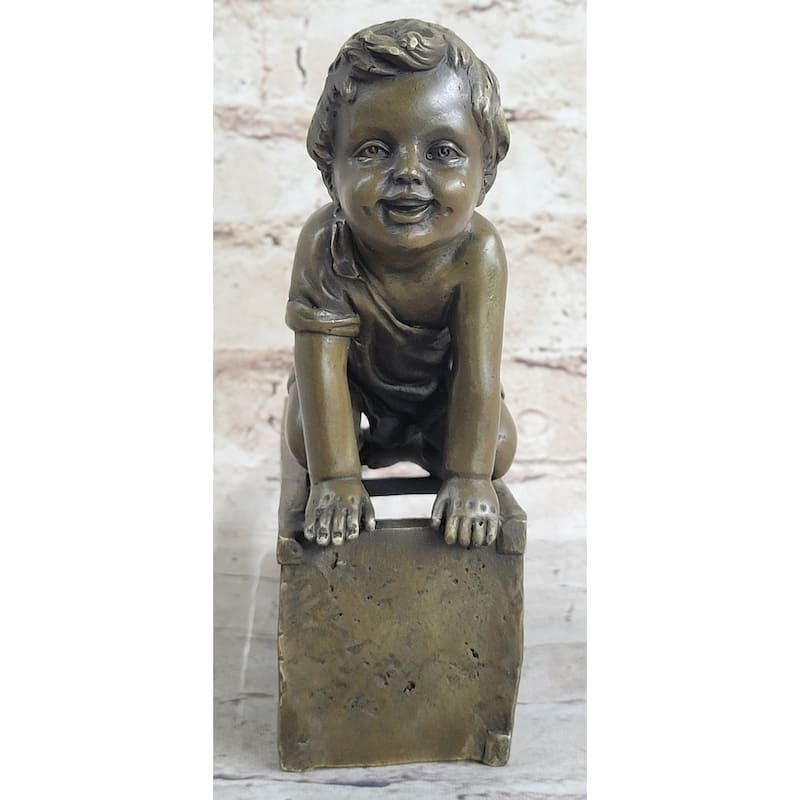 Baby Toddler Child Playing On A Stool Bronze Metal Sculpture Figurine Decor Art